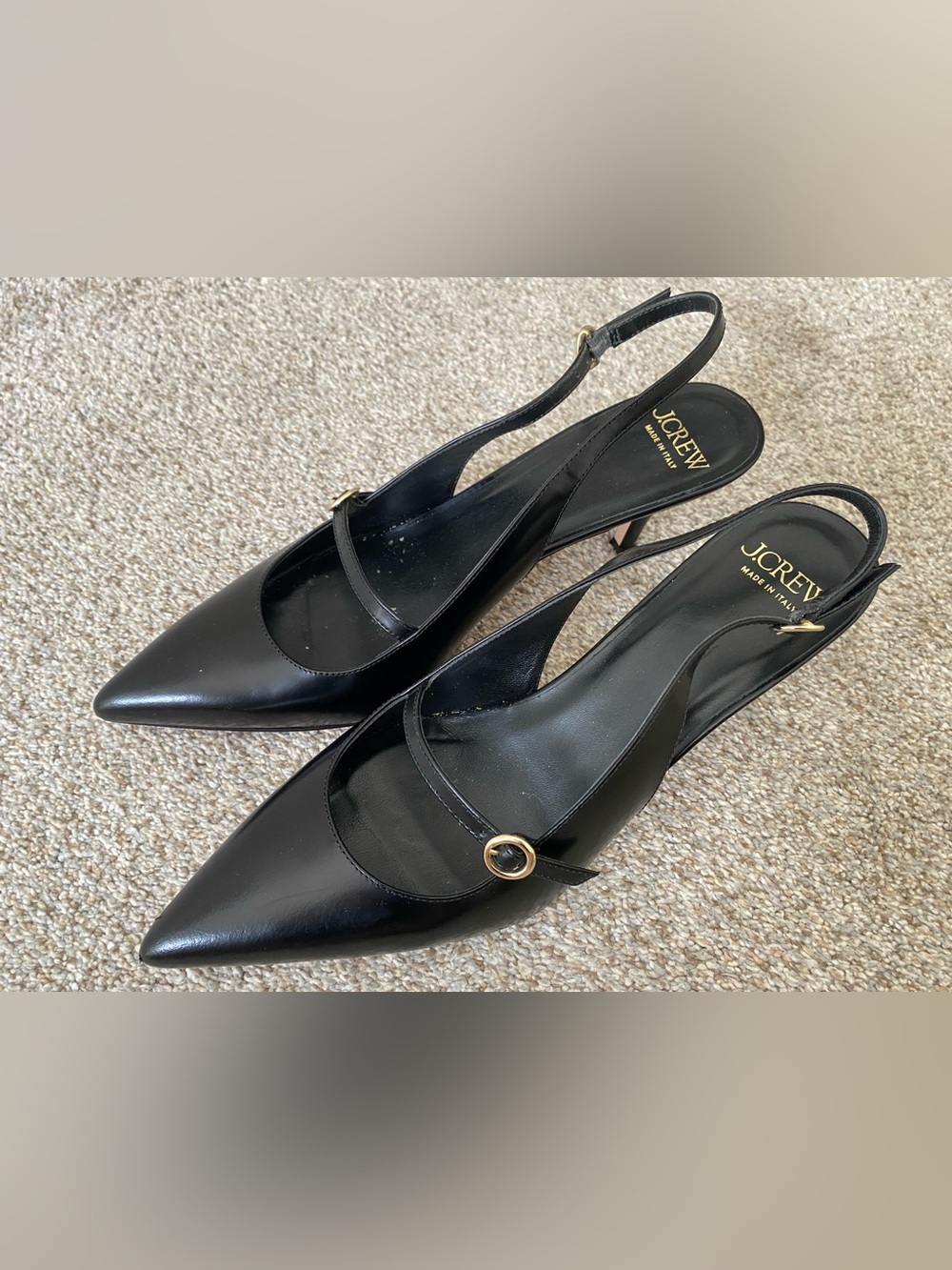 J. Crew Black Leather Pointed Slingback Heels with Gold Accent